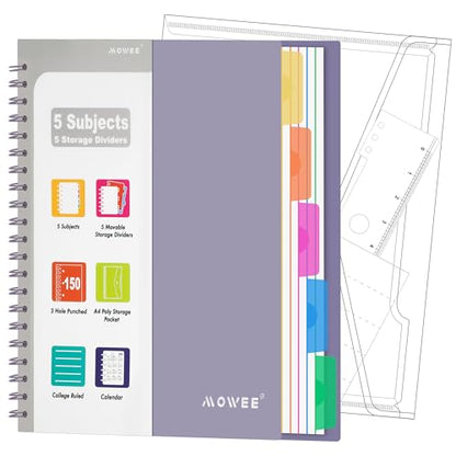 5-Subject Spiral Notebook, College Ruled, with Pocket & Tab Dividers | 300 Pages, 11" Ruler, 8.5"x11" Violet, Pocket Dividers with Tab Labels, for Writing Journal, Home, Office & School Supplies - color: Purple(300 page)