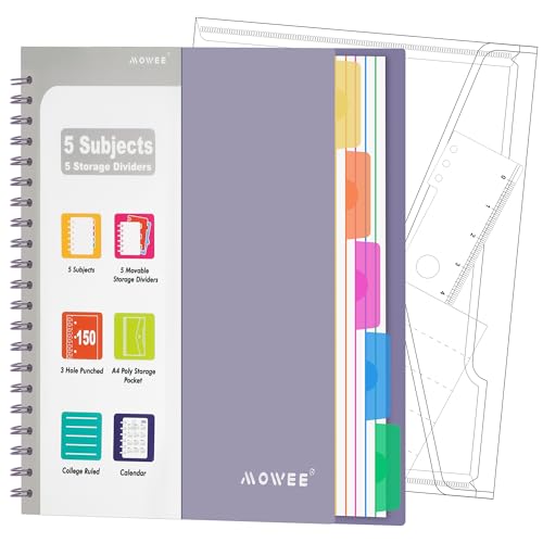 5-Subject Spiral Notebook, College Ruled, with Pocket & Tab Dividers | 300 Pages, 11" Ruler, 8.5"x11" Violet, Pocket Dividers with Tab Labels, for Writing Journal, Home, Office & School Supplies - color: Purple(300 page)