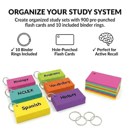 Blank Flash Cards with Rings & Box 900 Multicolor 2x3.5 USA Made | For active recall, vocabulary, homeschooling, language learning, exam prep, and spaced repetition. - style: Hole Punched