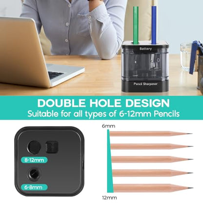 Eagle Electric Pencil Sharpener, Dual Holes, Battery Powered for School/Office/Art, 5s Fast Sharpening, Portable w/Large Shaving Tray & Replaceable Blades, for 6-12 mm Pencils (Black) - color: Black