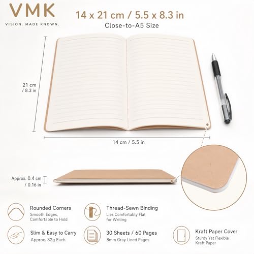 VMK 100 Pack A5 Wide Ruled Lay Flat Notebooks Bulk, Kraft Brown Softcover | 30 Sheets/60 Pages Each, Thread-Sewn Binding, 80gsm Paper, 4 Bundles of 25 for Schools, Programs, and Large Groups - color: Kraft