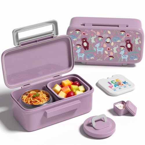 Bento Lunch Box for Kids With 8oz Food Thermo,BPA-Free for School | Lunch Container with 2 Compartments, Insulated Food Jar, Dishwasher Safe, Easy to Clean, Lunch Box for Girls Boys - color: Purple Deer1