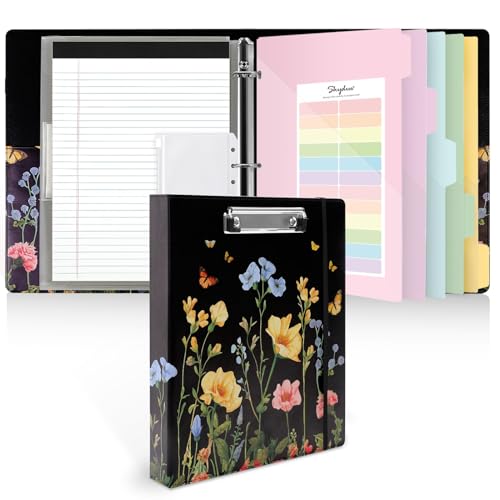 SKYDUE 1 Inch 3-Ring Binder with Clipboard, PU Aesthetic Binder with 5 Dividers, Notepad, Stickers & Pockets for Work and School (Letter Size) - color: Floral Blak