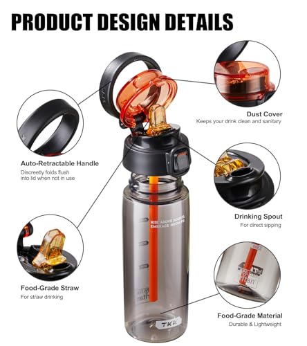 TKK Sports Water Bottle with Straw & Build-in Carrying Handle, Spill-Proof 2-in 1 Lid, 20 oz Plastic Bottles, Dishwasher Safe, Leak-Proof Locking Lid for Kids, Outdoor, School Backpack, Black - color: Black
