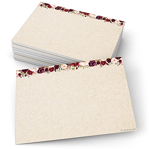 321Done Index Cards with Red Roses Floral Design - (50) 4x6 Kraft Cards - Blank, No Lines - For Studying, Learning, Notes, Messages, Notecards, Crafts & Card Making - Pretty, Cute - Made in USA - color: No Lines, size: Standard (4 x 6)
