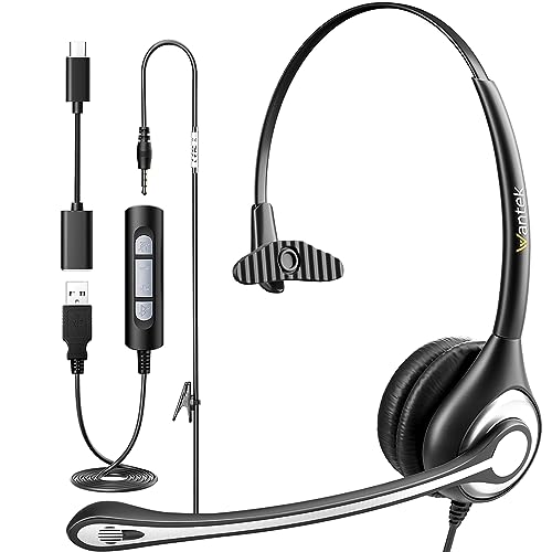 Wantek USB Computer Headset with Microphone for Laptop PC,3.5mm Wired Stereo Call Center Headset with Microphone Noise Cancelling, Corded Desktop Headphones with Mic & Mute - color: 600USB-W-S1
