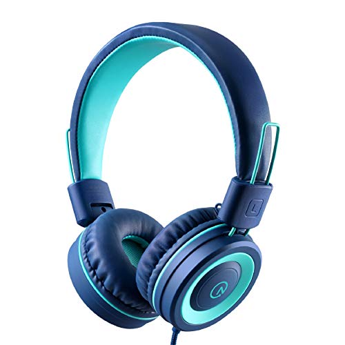 noot products K11 Kids Headphones Wired 3.5mm Jack Tangle-Free Navy/Teal | 5ft Long Cord, Foldable, Plug in On-Ear Headset for iPad, Amazon Kindle Fire, Boys, Girls, School, Laptop Travel Plane Tablet - color: Navy/Teal