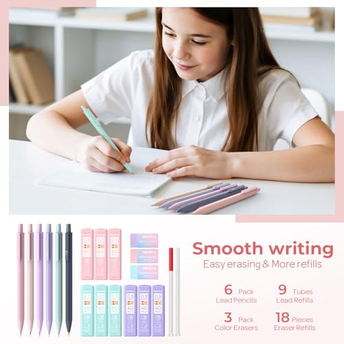 Nicpro 38PCS Aesthetic School Supplies, Pastel Mechanical Pencil Set 0.5, 0.7, 0.9 & 2.0 mm with 564PCS Lead Refills, Cute Mechanical Pencils for Girls Student Stationary Drawing Drafting - Pink Case - size: 38 PCS