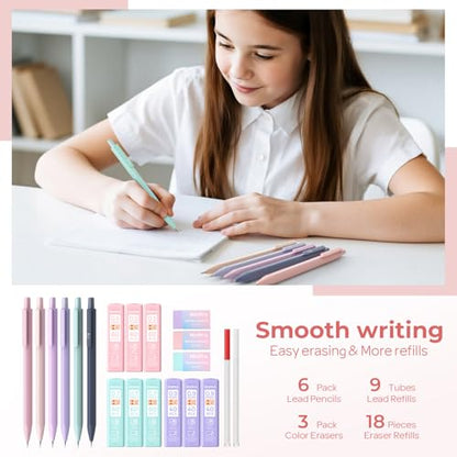Nicpro 38PCS Aesthetic School Supplies, Pastel Mechanical Pencil Set 0.5, 0.7, 0.9 & 2.0 mm with 564PCS Lead Refills, Cute Mechanical Pencils for Girls Student Stationary Drawing Drafting - Pink Case - size: 38 PCS