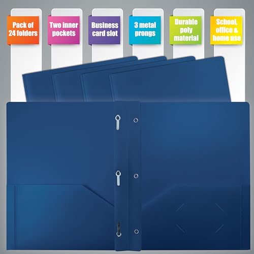 Heavyweight Blue Plastic 2 Pocket Portfolio Folder, Letter Size Poly Folders by Better Office Products, 24 Pack, Royal Blue (with prongs) - style: with prongs