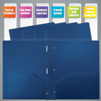 Heavyweight Blue Plastic 2 Pocket Portfolio Folder, Letter Size Poly Folders by Better Office Products, 24 Pack, Royal Blue (with prongs) - style: with prongs