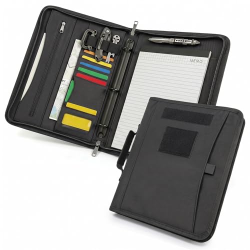 Tactical Notebook Cover, A4 Padfolio with Detachable 3-Ring Ring Binder, Multi-Pocket Organizer & Hand Strap, Zippered Hardcase Planner (Black, A4(13.8 x 12 inches)) - color: Black, size: A4