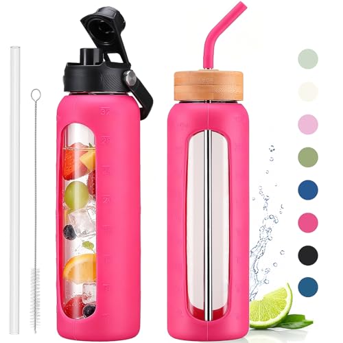 32 oz Glass Water Bottle with Straw – 2 Lids (Bamboo & Spout Lid), 1L Motivational Borosilicate Glass Daily Water Intake Bottle with Time Marker, Silicone Sleeve for Home Office-Rose Red - color: Rosered, size: 32 Ounces