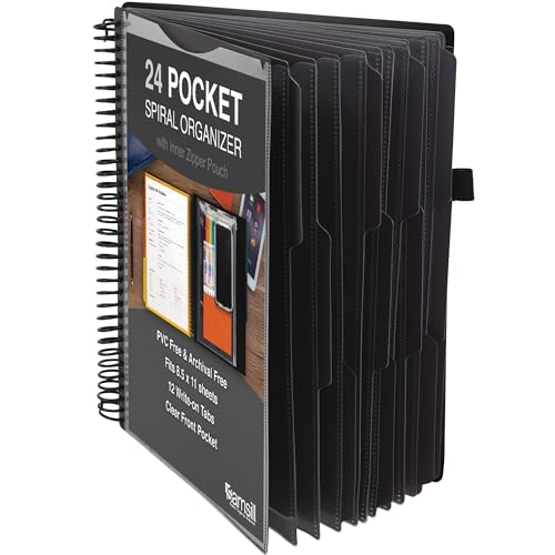 Samsill Spiral Folder Organizer - 12 Dividers & 24 Pockets with Notepad Holder, Multi Pocket Color Cordinated Folder Binder with Customizable Tabs, Document Organizer (Grey) - color: Gray, size: Single, style: 12 Dividers-Notepad