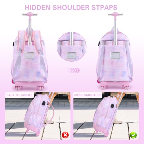 DIGOBAY Rolling Backpack for Girls, Cute Girls Backpack with Wheels, Kids Wheeled backpacks Set with Lunch Bag Pencil Case for Teen Girl, Roller School Bag with Wheels for Elementary Middle School - color: Purple Tie-dye