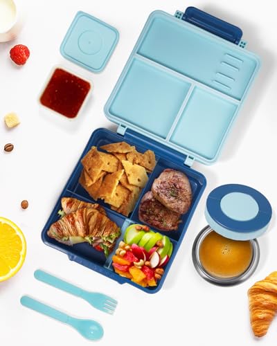 SOHIDA Bento Box with 10oz Soup Thermo: Kids Leakproof Lunch Box with 3 Compartments - Dishwasher Safe and BPA-Free - Vacuum Insulated Food Jar Suitable for Kids Back to School, Travel-Blue - color: Blue