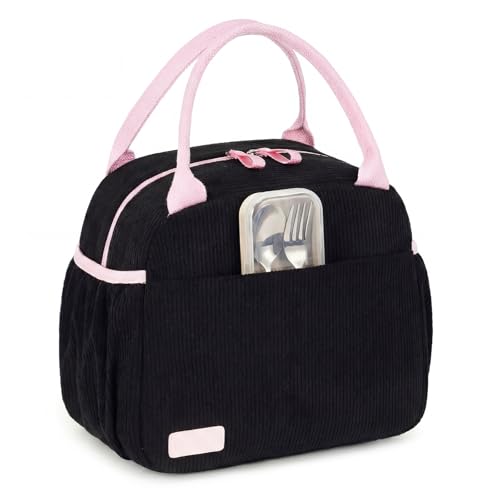 LEDAOU Kids Lunch Bag for Girls, Insulated School Lunch Box, Lightweight | Insulated interior, lightweight design, front pocket, smooth dual zippers, ideal for school and travel - color: Corduroy Black