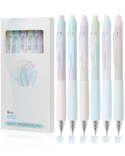 Solati Erasable Pens, 6 Pack Fine Point 0.5mm Blue Erasable Gel Pens with 360°Rotating Erasers, Make Mistakes Disappear, Comfort Grip for Drawing, Writing, Planning, and Crossword Puzzles (Blue Ink) - color: Blue Ink