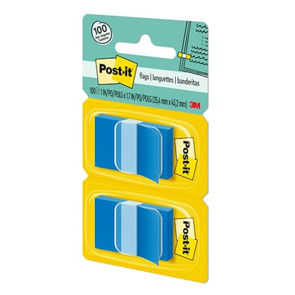 Post-it Flags, 1 in. x 1.7 in., Two Dispensers with 50-Count Bright Blue Sticky Tabs Per Dispenser (100 Flags Total), Removable Page Markers for Textbooks, Notebooks, Planners, and Study Materials
