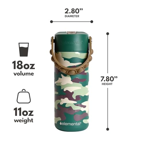 Elemental Insulated Kids Water Bottle, Stainless Steel Water Bottle with Straw Lid & Pop-It Handle, Leak-Proof Water Bottles for School, Boys or Girls, Travelling and Sports, 18oz - Green Camo - color: Green Camo