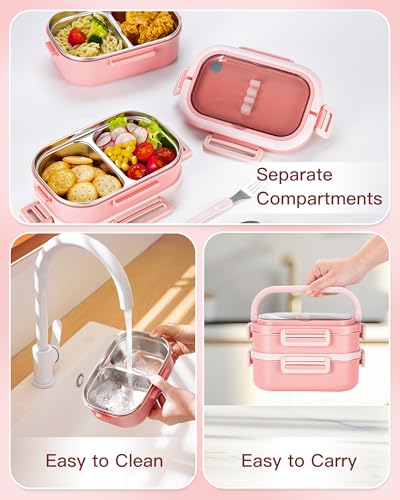 Lille Home Stackable Lunch Box, 2 Tier Stainless Steel Bento Lunch Box, 56oz Large Capacity Leakproof Lunch Containers, 4-Compartment Lunch Box with Utensils for Meal Prep, Work, Picnic(Pink) - color: 2 Tier-Pink