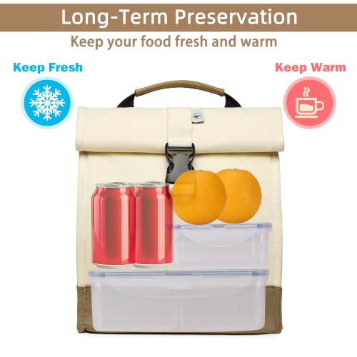 SUNNY BIRD Insulated Lunch Bag Rolltop Lunch Box Medium Lunch Cooler Tote for Women, Girls, Teens and Adults (White) - color: White