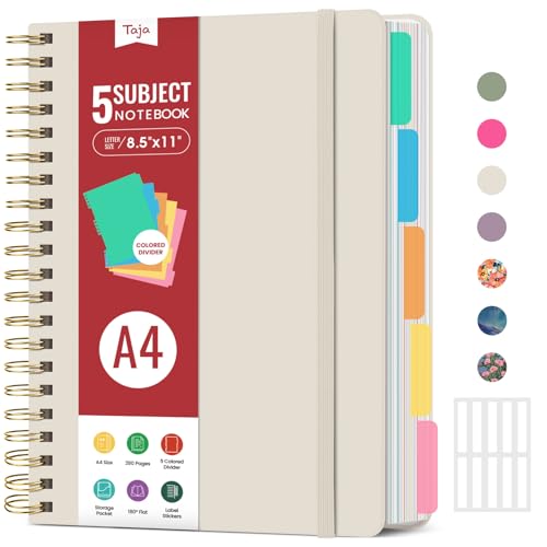 Hardcover Spiral Journal Notebooks for Work With Removable Dividers & Tabs, 8.5"x11" 5 Subject Notebook for Note Taking & Organizer, A4 College Ruled Lined Journal for Women & Writing, Grey Beige, 280 Pages - color: C-Grey Beige