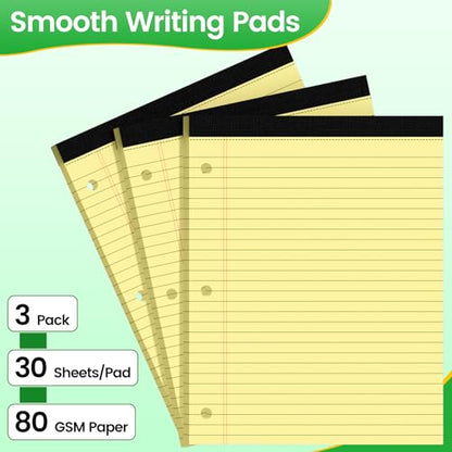 3 Hole Legal Pad 8.5 x 11, 3 Pack Yellow Note Pads, Notebook Paper Wide Ruled, Writing Paper Pads, Notepads with Binder Holes, Lined Paper 8.5x11, Ideal for School, Home, Office, 30 Sheets/Pack - style: 3 Pack-30 Sheets/Pad-Yellow