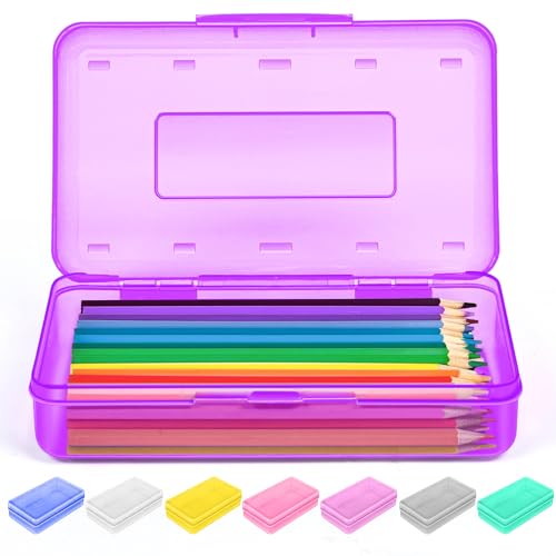 Sooez 1 Pack Clear Pencil Box, Plastic Hard Pencil Case with Stickers, Large Crayon Box with Snap-tight Lid, Stackable Storage Box Art Craft Marker Organizer Box for Kids Boys Back to School, Purple - color: Purple