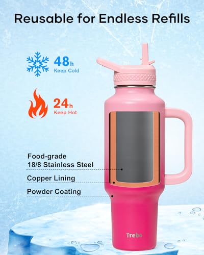 Trebo Insulated Water Bottle 40oz Fits in Car Cup Holder with Side Handle | Stainless Steel Metal Tumbler with Straw Spout Lids, Triple-Wall Vacuum Copper Plated, Cold 48 Hrs Hot 24 Hrs for Travel, Gym - color: Pink, size: 40 Ounces