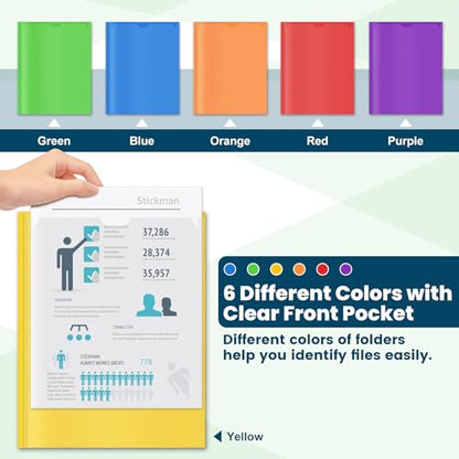 V-Opitos 30 Pack 2 Pocket Plastic Folders with 3 Prongs & Clear Front Pocket, Bulk Heavy Duty Folder with Fastener Clasps, Multicolor Folders for School and Office