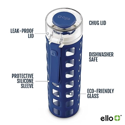 Ello Syndicate 20oz Reusable Glass Water Bottle with One-Touch Leak Proof Flip Lid and Protective Non-Slip Silicone Sleeve and Carry Loop for Coffee, Tea and Water, BPA-free Dishwasher Safe, Bold Blue - color: Bold Blue