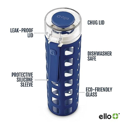 Ello Syndicate 20oz Reusable Glass Water Bottle with One-Touch Leak Proof Flip Lid and Protective Non-Slip Silicone Sleeve and Carry Loop for Coffee, Tea and Water, BPA-free Dishwasher Safe, Bold Blue - color: Bold Blue