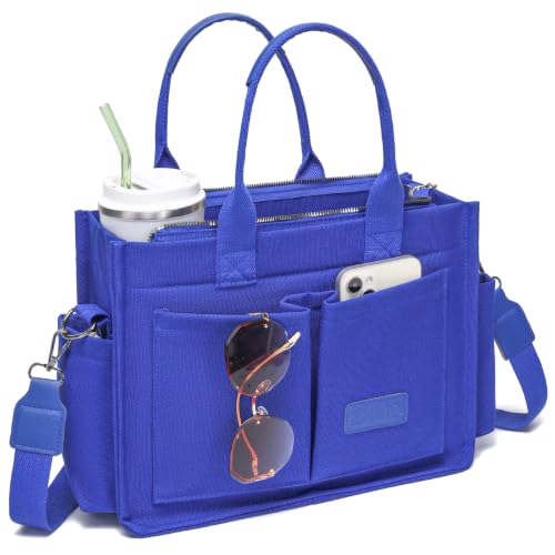 ZHMO Canvas Tote Bag for Women,Women's Bags Crossbody Bags Work Laptop Tote Bag Large Handbags Purse for Travel Nurse Teacher - color: New Upgrade Navy Blue With Compartments and Side Cup Holders