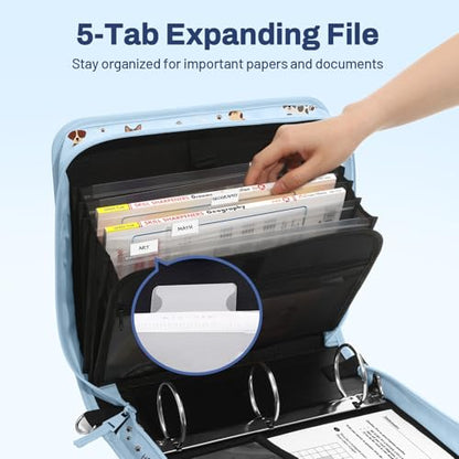 SUNEE Zipper Binder 3 Ring, 3 Inch O-Ring with Handle and Shoulder Strap, 600-Sheet Capacity, 5-Tab Expanding File Folder, Multi-Pockets for Middle School Organizer Binder with Zipper, Blue Dog - color: Blue Dog