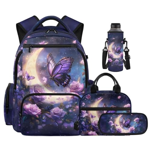 Floral Butterfly Backpack for Girls Boys Backpack with Lunch Box Water Bottle Pouch and Soft Pencil Case 4PCS Set Cute Bookbag with Side Pocket 17" Large School Bag Kids Back to School Gifts - color: Floral Butterfly