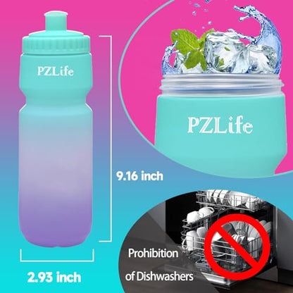 BPA Free Bike Water Bottle 24oz, Leakproof & Reusable Cycling Squeeze Bottle with Pull-Top Lid & Capacity Scale, for Bicycle, Mountain Bike, Gym, Running, School, Hiking - color: Green pink
