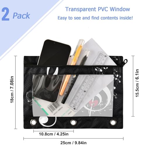 2 Pack Chic Treble Clef in Heart Notes Black 3 Ring Binder Pencil Pouch Bags,Clear Window Storage Case with Zipper for Boys Girls School Office Supplies Cosmetics Organizers