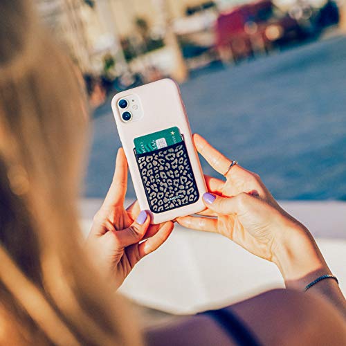 VANDEL Pocket – Stick-On Fabric Phone Wallet Stick On for Women, Cute Credit Card Holder for Phone Case, Stick On Back of Phone Fabric Sleeve for iPhone Pocket - color: Black Leopard