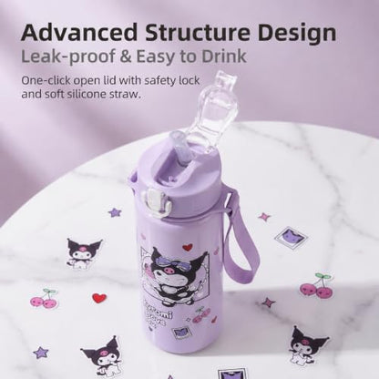 Cartoon Huntrix Water Bottle for Girls, 25oz Leak Proof with Straw Lid, Gifts for Girls (Kuro) - color: Kuro