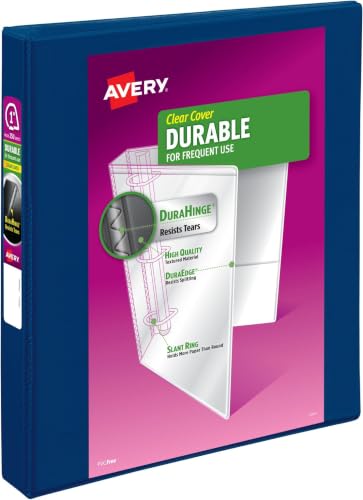 Avery Durable View 3 Ring Binder, 1 Inch Slant Rings, 250-Sheet Capacity, DuraHinge, 1.4 Inch Wide Spine, Customizable Clear Covers and Spine, 1 Dark Blue Binder (17014) (Pack of 12) - size: 1" (Pack of 12)