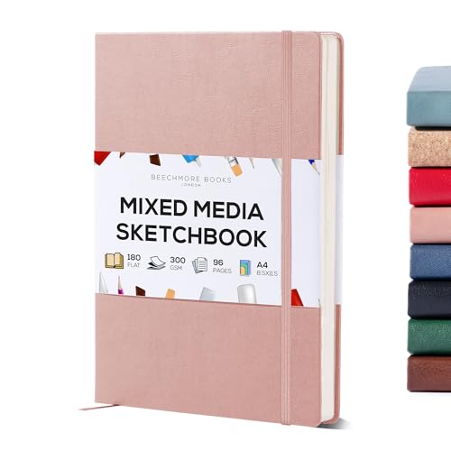 Beechmore Books Heavyweight Mixed Media Sketchbook - A4 8.5"x11" 300 GSM 48 Pages, Hardcover Lay-Flat Professional Journal for Painting, Acrylics and Wet Media - color: Rose Wood, size: A4 - 8.5" x 11.5" Large