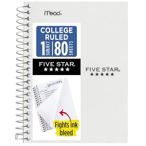 Five Star Spiral Notebook, 1 Subject, College Ruled Paper, 4-3/8" x 7", Personal Size, 80 Sheets, Fights Ink Bleed, Water Resistant Cover, White (450048E) - color: White