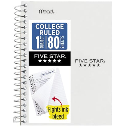 Five Star Spiral Notebook, 1 Subject, College Ruled Paper, 4-3/8" x 7", Personal Size, 80 Sheets, Fights Ink Bleed, Water Resistant Cover, White (450048E) - color: White
