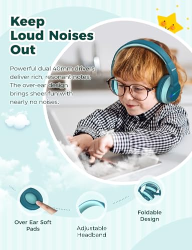 iClever BTH12 Kids Bluetooth Headphones,Colorful LED Lights Wireless Kids Headphones,74/85dBA Safe Volume,85H Playtime,Bluetooth 5.2,Over Ear Headphones Built-in Mic for iPad/Tablet/Airplane,Green - color: Malachite Green