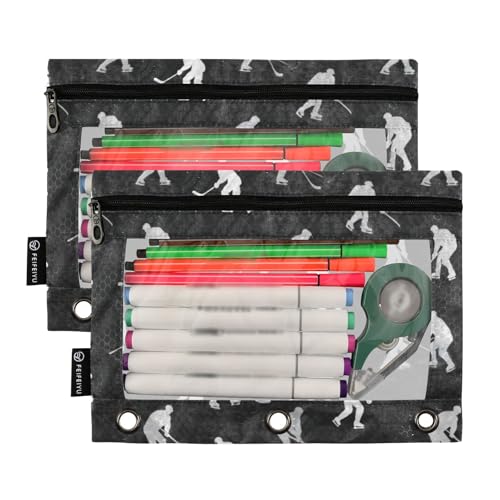 Binder Pouches 3 Ring for Boys Girls Hockey Black Zipper Pencil Pouches Case Bag with Clear Window School College Office Supplies 2 Pack - color: Hockey