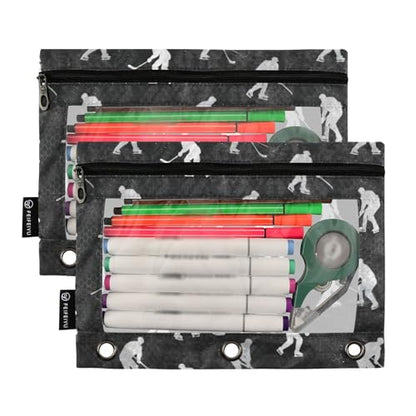 Binder Pouches 3 Ring for Boys Girls Hockey Black Zipper Pencil Pouches Case Bag with Clear Window School College Office Supplies 2 Pack - color: Hockey