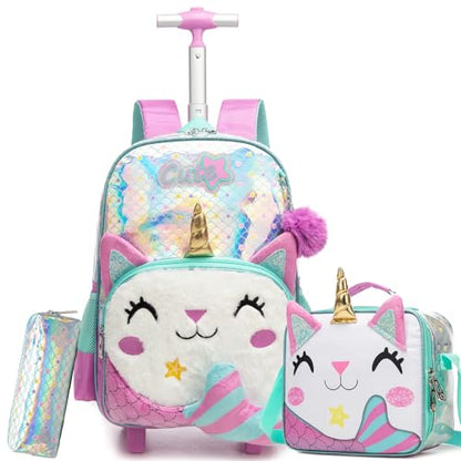 Rolling Backpack for Kids Girls 8-12,Lightweight Backpack with Wheels,Mermaid Wheeled School Backpack with Pencil Case Lunch Box for Elementary Middle School - color: White Mermaid