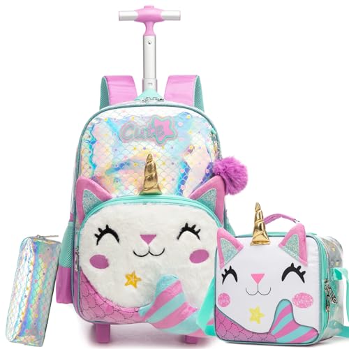 Rolling Backpack for Kids Girls 8-12,Lightweight Backpack with Wheels,Mermaid Wheeled School Backpack with Pencil Case Lunch Box for Elementary Middle School - color: White Mermaid
