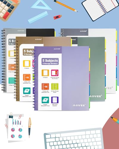 5-Subject Spiral Notebook, College Ruled, with Pocket & Tab Dividers | 300 Pages, 11" Ruler, 8.5"x11" Violet, Pocket Dividers with Tab Labels, for Writing Journal, Home, Office & School Supplies - color: Purple(300 page)